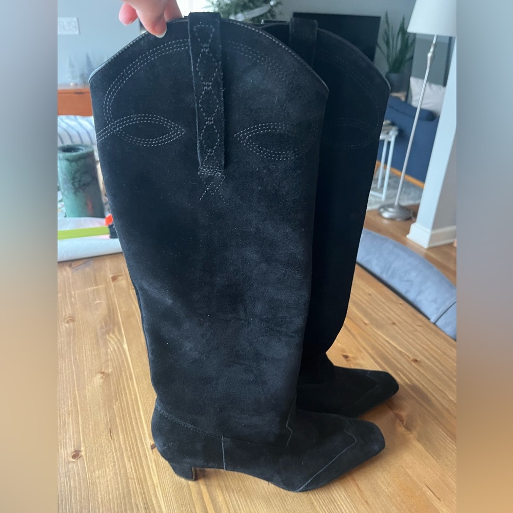 Brand New Black Suede Knee High Cowboy Boots